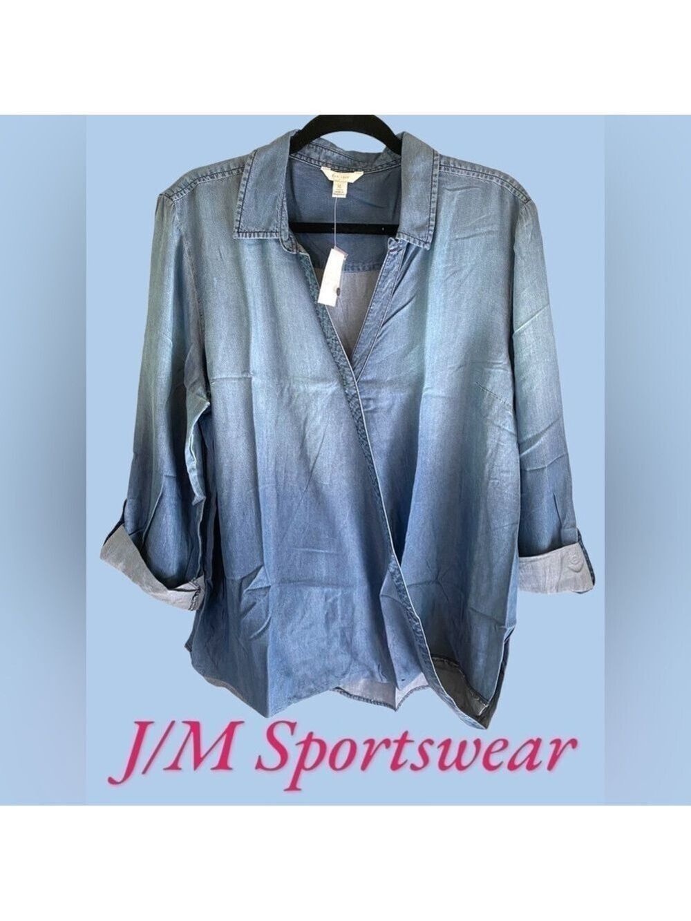 Cest 1946-NWT “Spellbound” XL chambray wrap front top. Soft Tencel/rayon. Classy